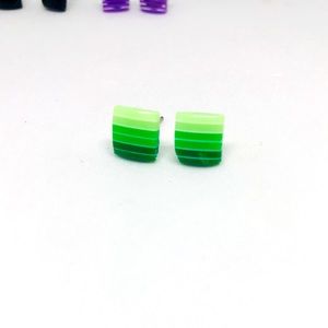 Green Striped Minimalist Repurposed Stud Earrings